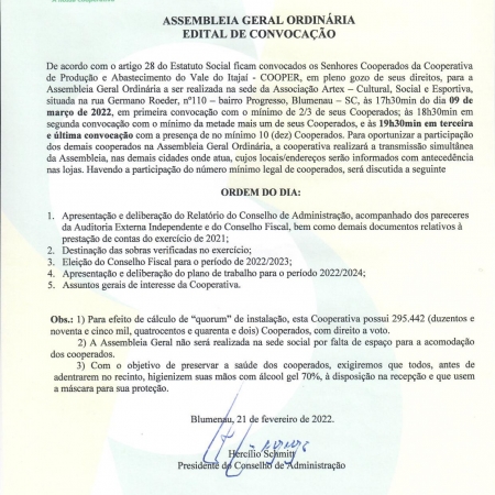 EDITAL DE CONVOCAÇÃO PARA ASSEMBLEIA GERAL ORDINÁRIA 2022